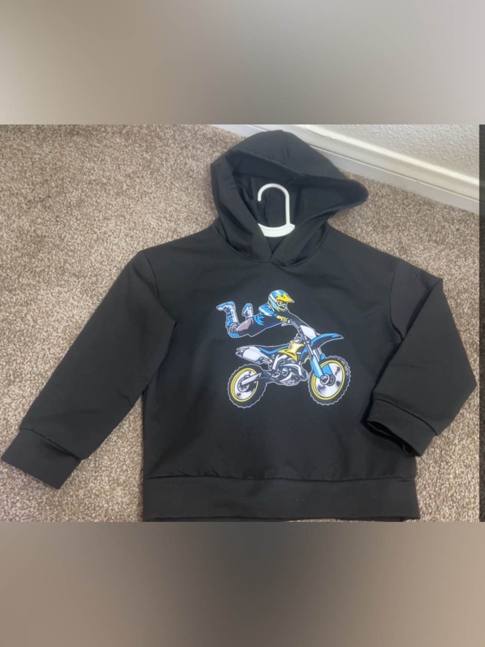 Kids Black Hoodie with Blue & Yellow Dirt Bike Graphic